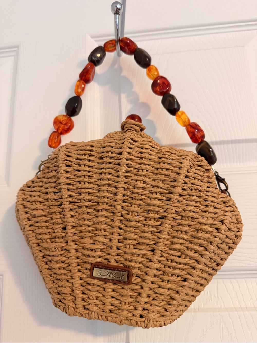 Woven Straw Clutch with Amber Bead Handle - Tan